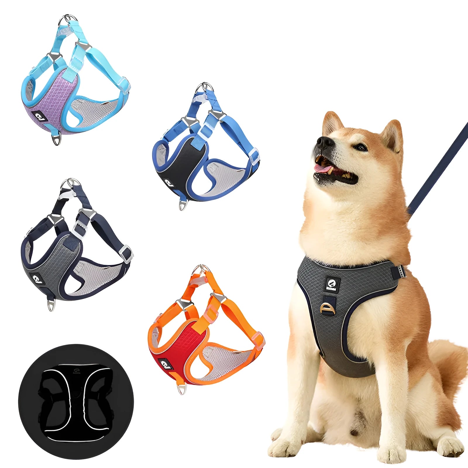 Adjustable breathable mesh dog harness with reflective piping in black colour showing chest strap design