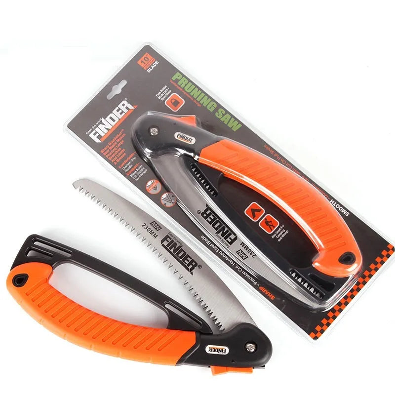 Folding garden saw with extended 230mm steel blade and black TPR grip, shown in open and closed positions.