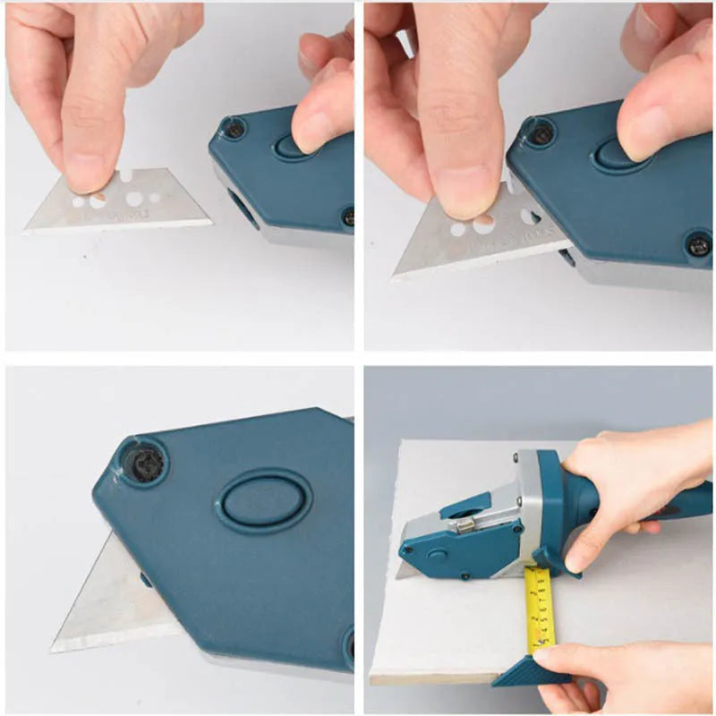 Blue multifunctional woodworking cutter with aluminium blade, TPR handle, and safety lock for dust-free board cutting.