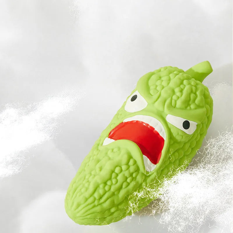 Bitter melon and chili shaped dog toy with textured teeth-cleaning surfaces and pet sound feature