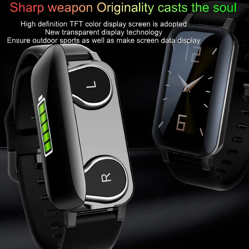 Smart call bracelet on wrist showing heart rate display, in black, blue, or coffee colour options.