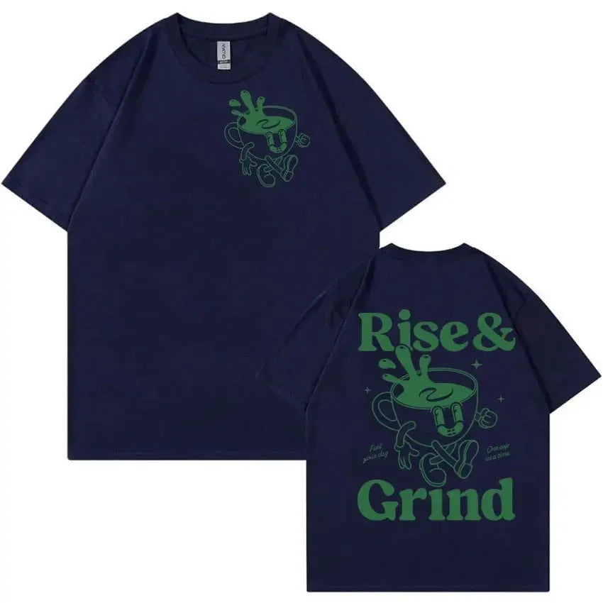Men's loose fit light grey t-shirt with a green 'Rise and Grind' coffee cartoon print on the front.