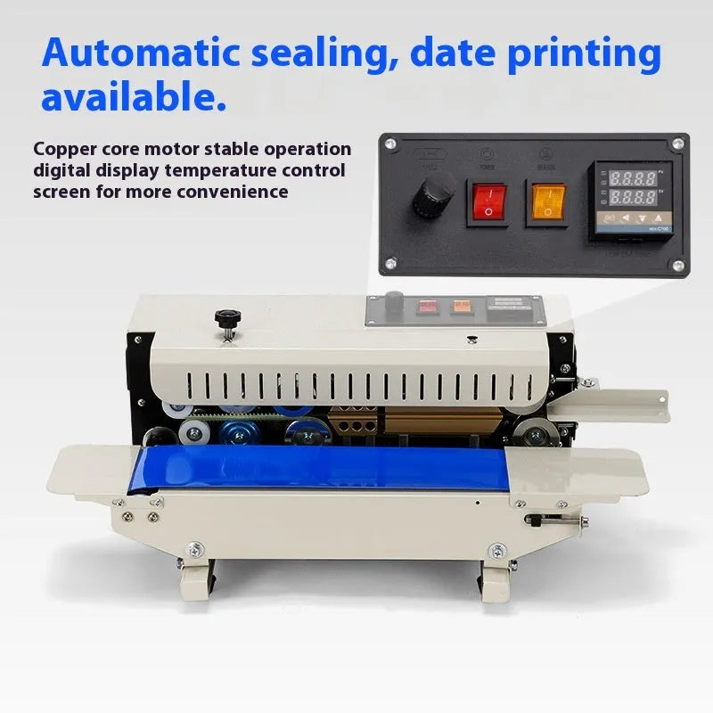 Steel seal sealing machine with printable date stamp in compact L1 style design