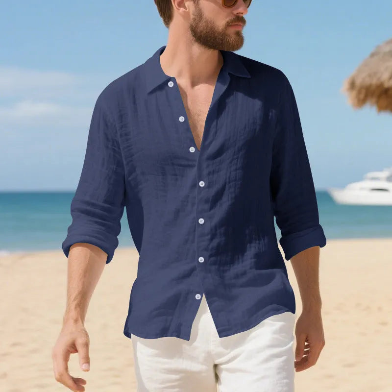 Men's linen Hawaiian casual shirt in loose American style fit with non-ironing processing