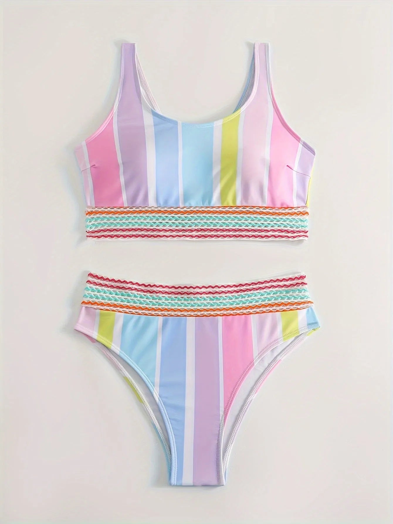 Women's striped sports casual bikini set with briefs, top and bottom shown.