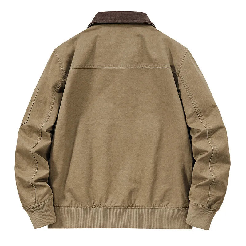 Men's washed cotton baseball flight jacket in beige, shown on a hanger.