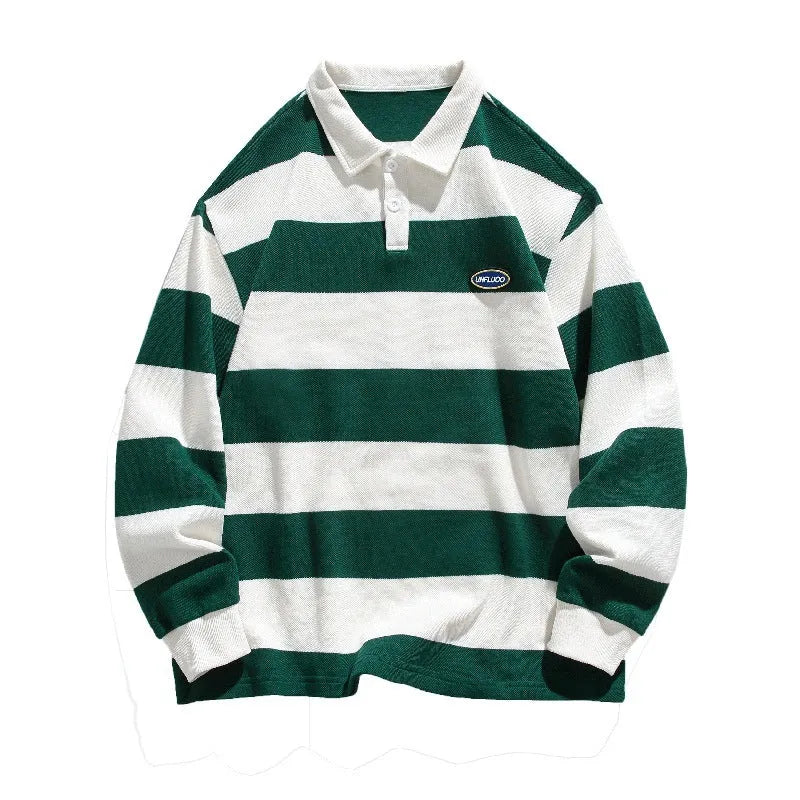 A loose-fitting, striped pearl cotton polo shirt with a lapel collar, shown in sapphire blue.