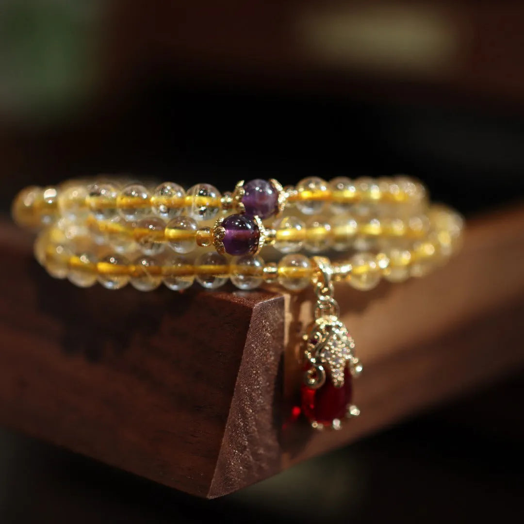 Natural Brazilian quartz bracelet with gold three-circles ruby quartz charm on adjustable Chinese style band