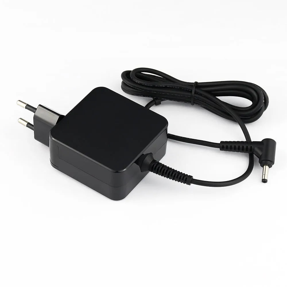 Black 45W laptop power adapter with EU and US plug options showing DC connector
