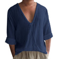 Men's long sleeve V-neck washed cotton t-shirt in solid colour British style pullover design