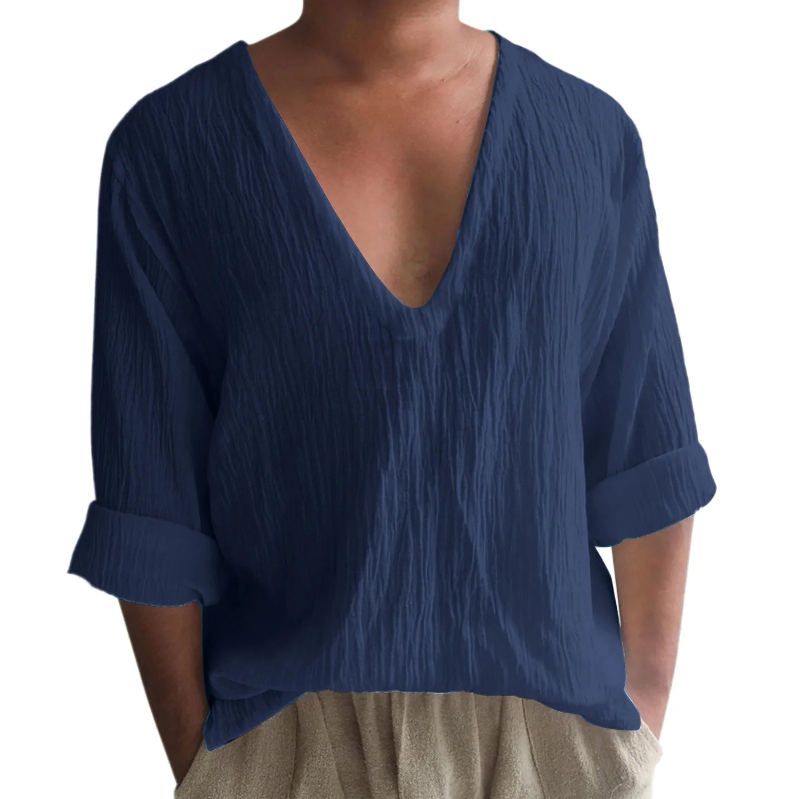 Men's long sleeve V-neck washed cotton t-shirt in solid colour British style pullover design