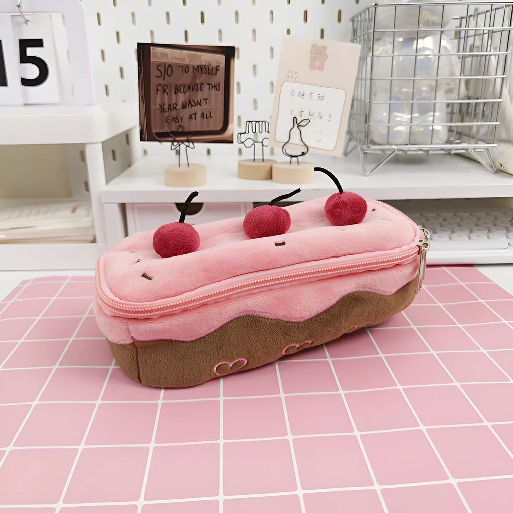 Cherry Cake pattern velvet pencil bag with zip closure in Korean style