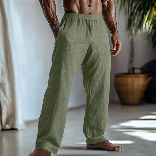 Cotton and linen straight leg casual trousers with side pockets in light green colour