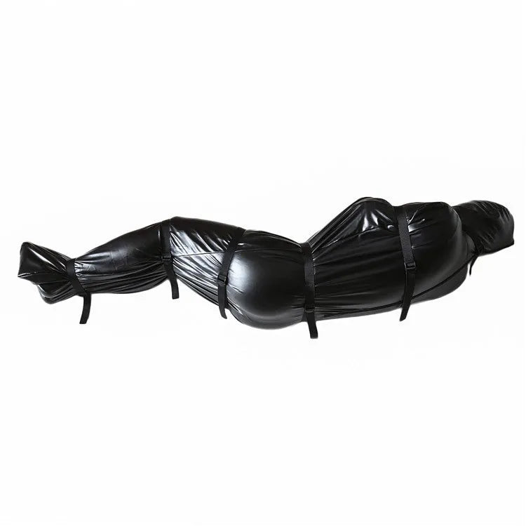 Black patent leather bondage set with body wrap garment and six ratchet tie-down straps