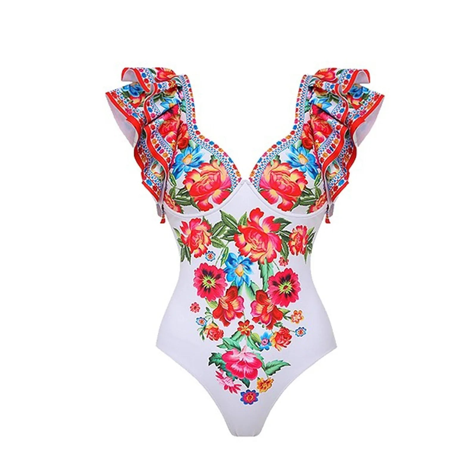 Women's one-piece polyester swimsuit in printed rose pink or blue with optional skirt design