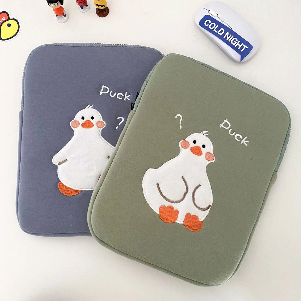 Blue tablet case with cartoon duck embroidery design and zipper closure