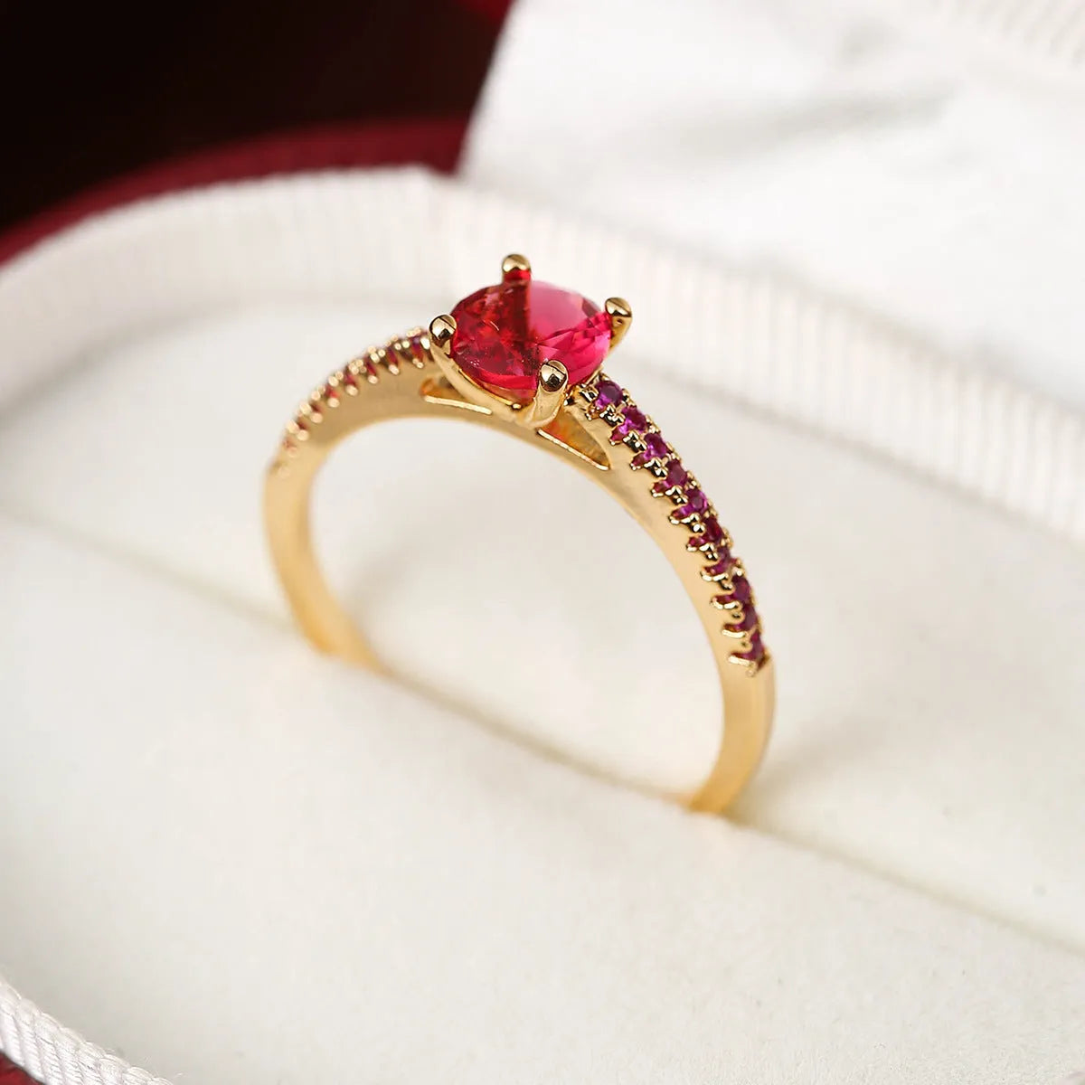 Geometric hexagon zircon copper ring in gold rose red electroplated finish, size UK 7.