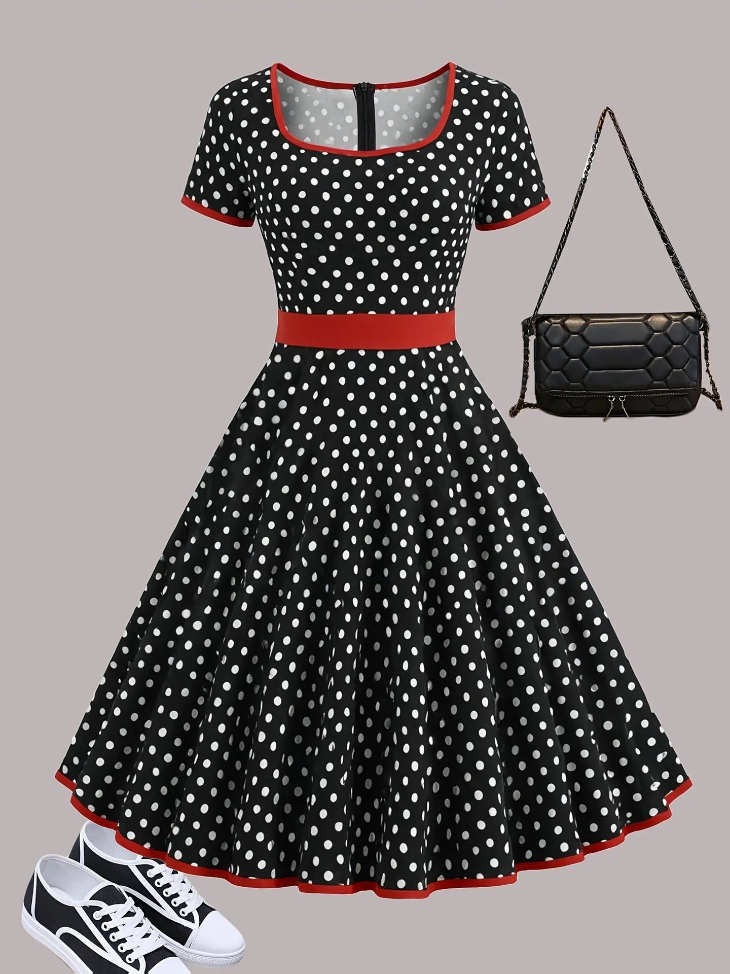Multicolor polka dot dress with square collar and pleated midi skirt