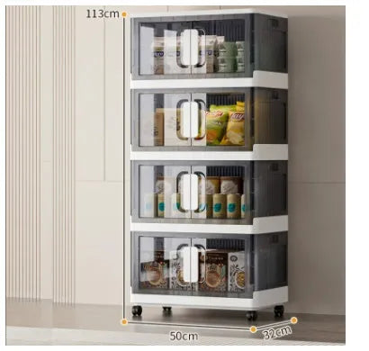 Foldable PP plastic storage locker with wheels available in white or gray with multiple layer options for shoes and toys