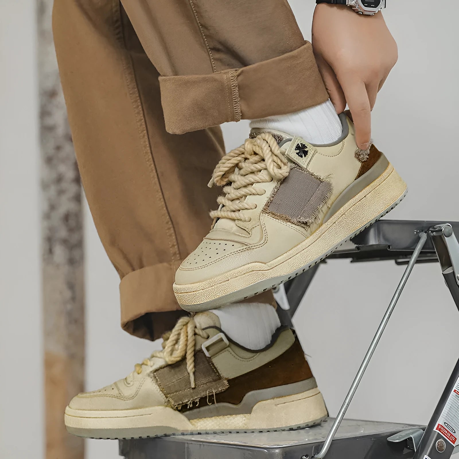 Beige vintage style low-top skateboard shoes with round toe and lace-up front