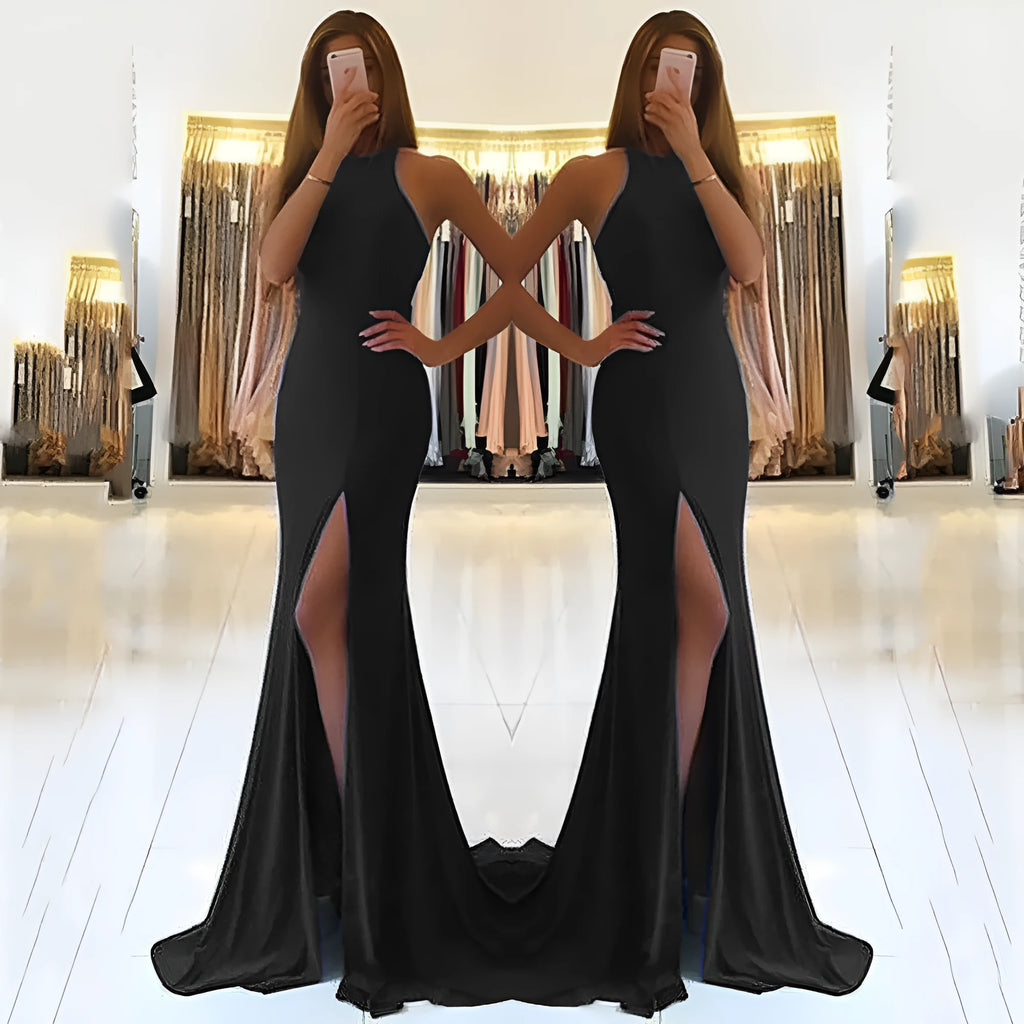 Long red evening dress with hollow pattern detail, high waist, and large swing skirt