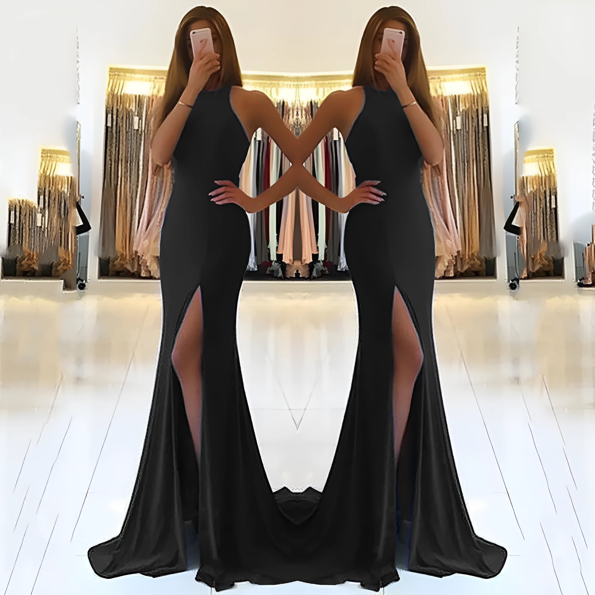 Long red evening dress with hollow pattern detail, high waist, and large swing skirt