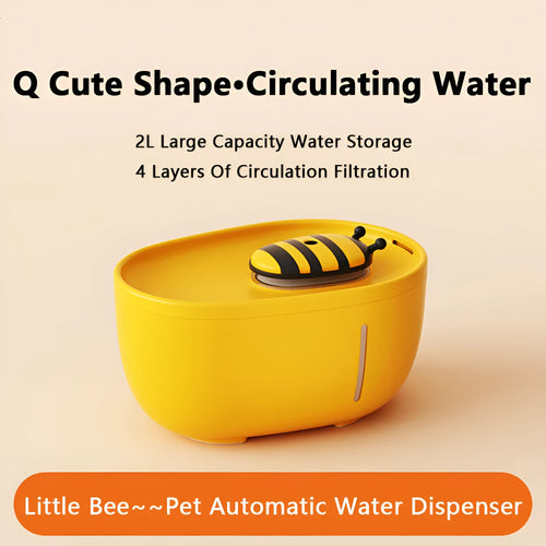 Yellow cat water fountain with filtration system, blue LED light, and water level window.