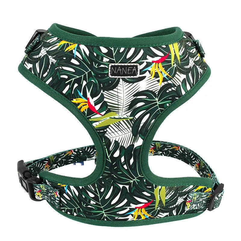 Six-piece adjustable cloth dog harness set with leash, collar, waste bag, bow tie, and scarf in assorted colours.