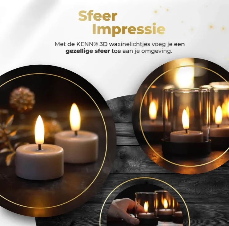 Four taupe-coloured S10 3D flame LED tealight candles showing flickering glow.