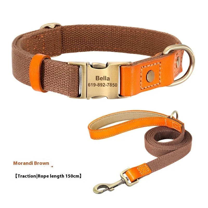 Mohair small dog neck collar and traction rope set in Mo Landi colours with lettering detail