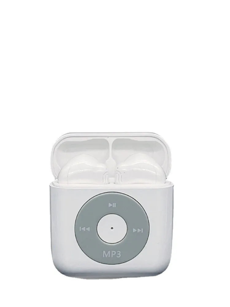 White wireless Bluetooth semi in-ear earphones with a matching charging case on a white background.