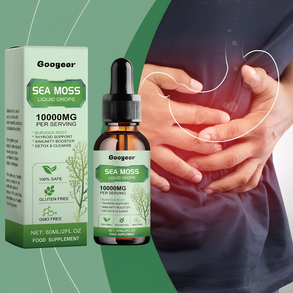 Sea moss liquid drops body treatment bottle measuring 3.3x3.3x12cm with 60ml capacity