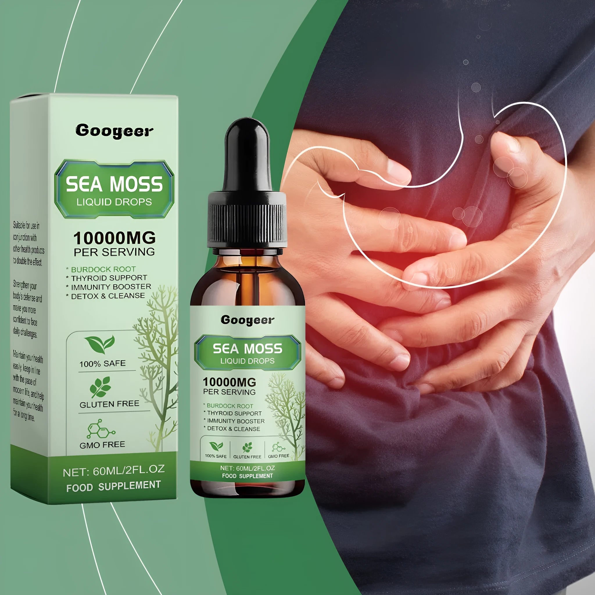 Sea moss liquid drops body treatment bottle measuring 3.3x3.3x12cm with 60ml capacity