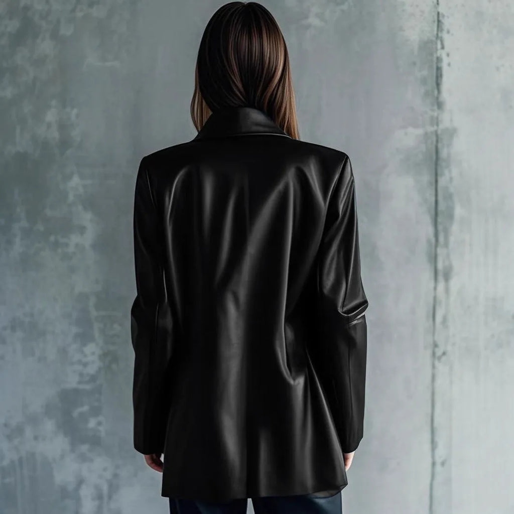 Black women's leather jacket with solid colour and long sleeves