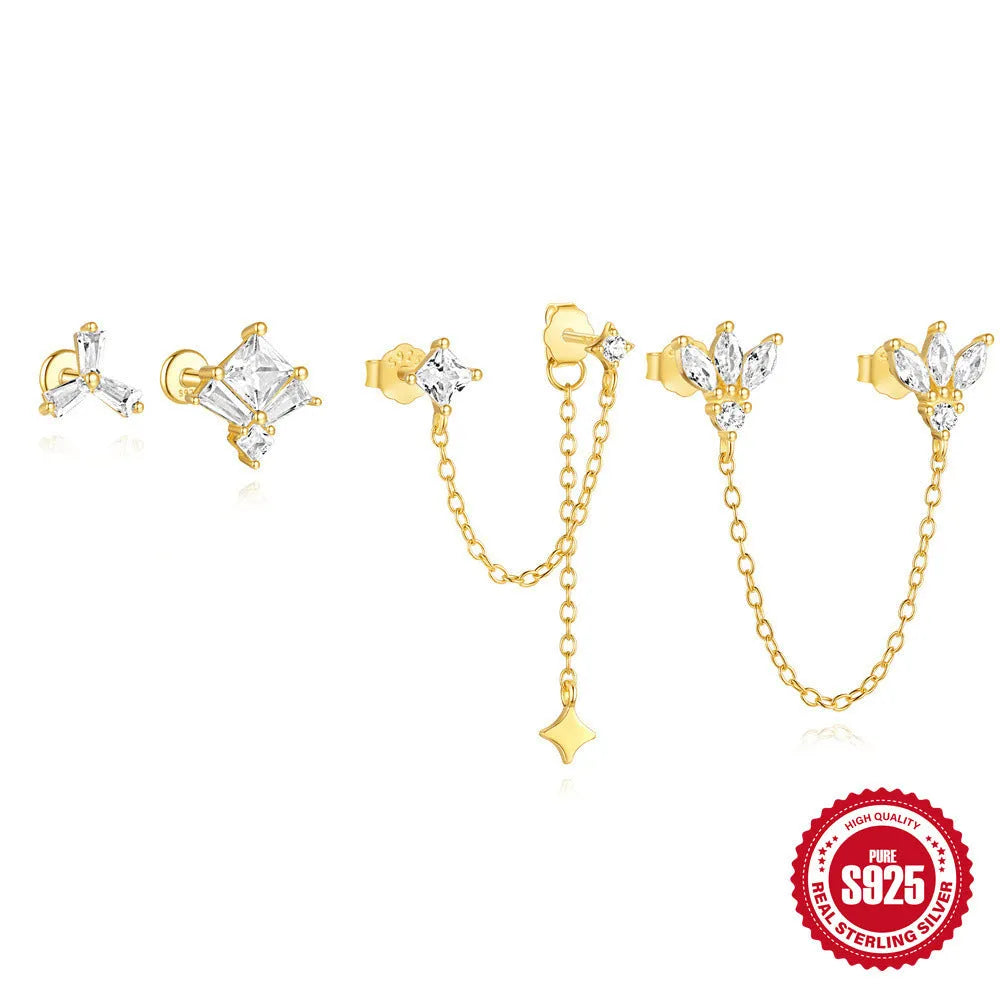 S925 sterling silver geometric chain stud earrings with inlaid zircon for double piercings in golden colour.