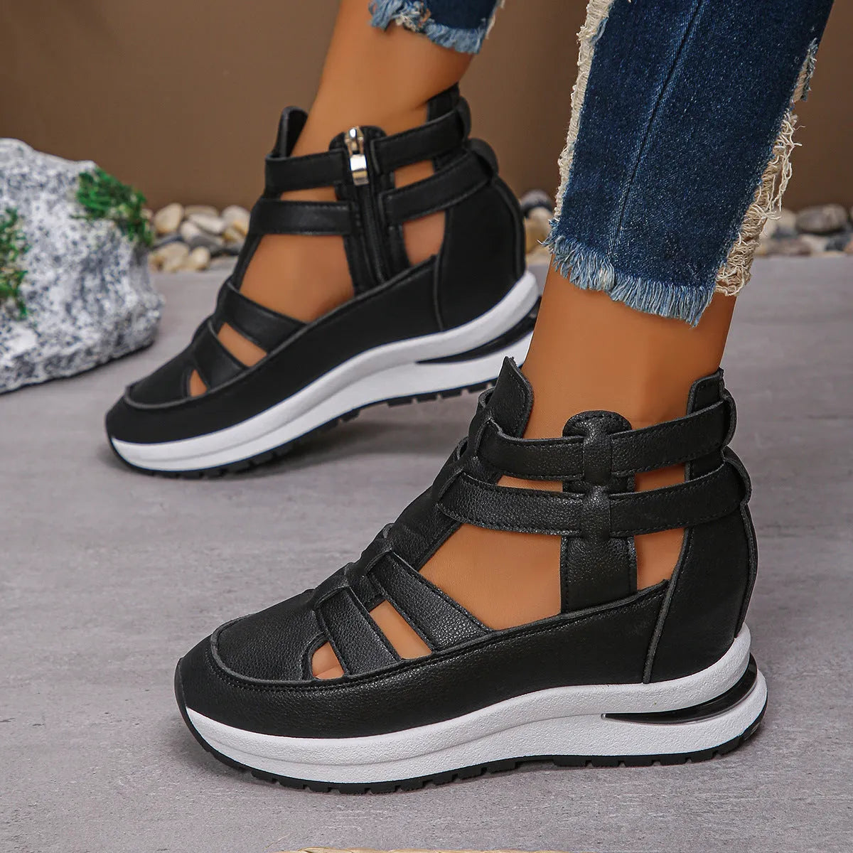 Women's black platform sandals with hollow-out design and velcro strap