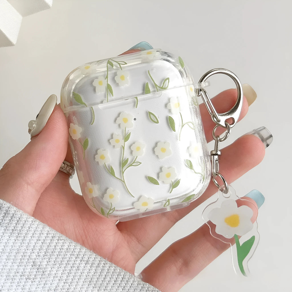 White floral pattern TPU protective case for Apple AirPods on transparent background