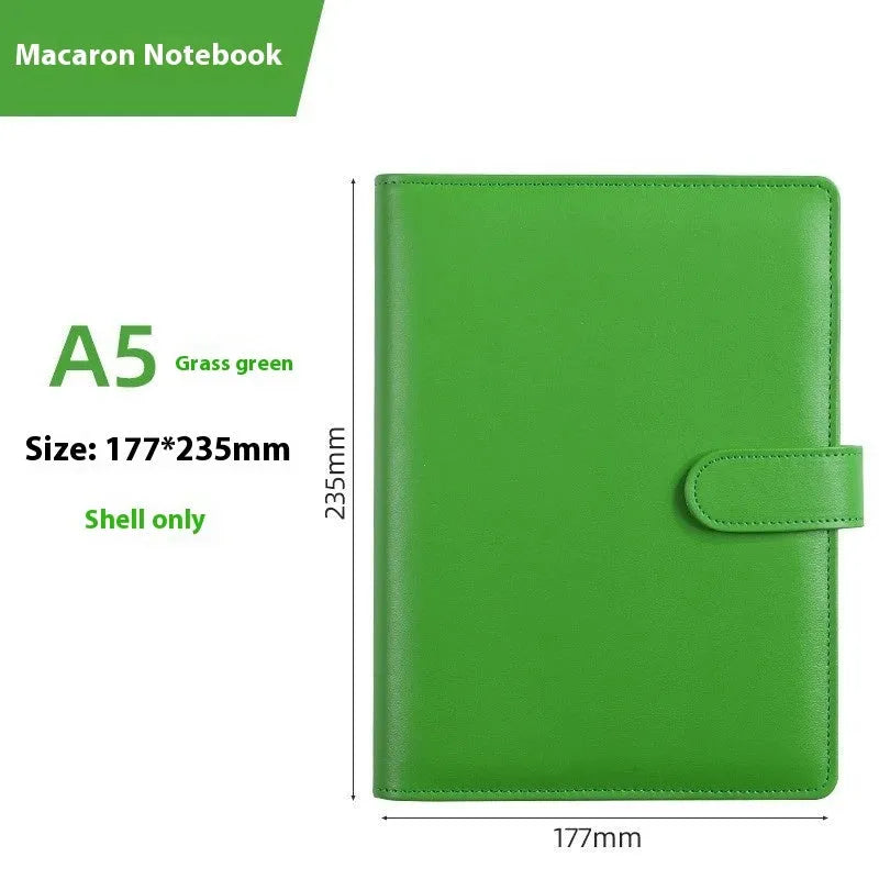 A5 PU leather zippered notebook shell in multiple solid colours including pink, blue, and black.