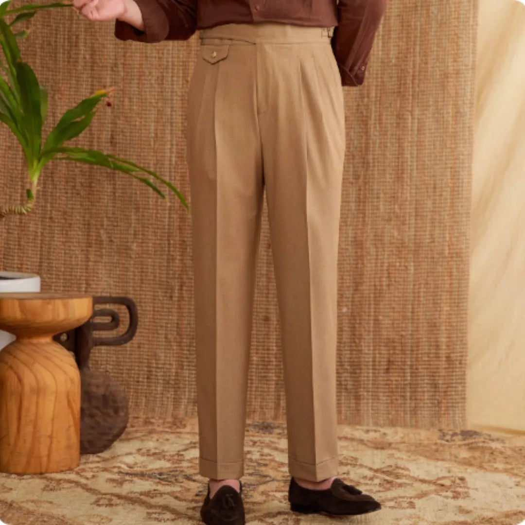 Men's slim fit straight leg trousers in dark grey, light brown, and light apricot
