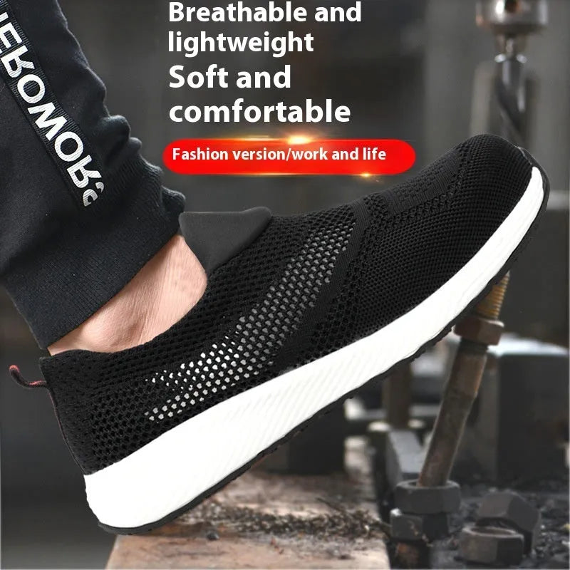 Men's low-top steel toe work shoes in black mesh with protective toe cap.