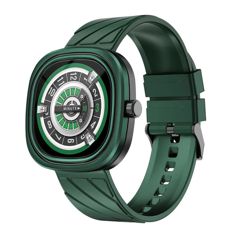 Smart bracelet watch with square touch screen display on adjustable silicone wristband in black colour