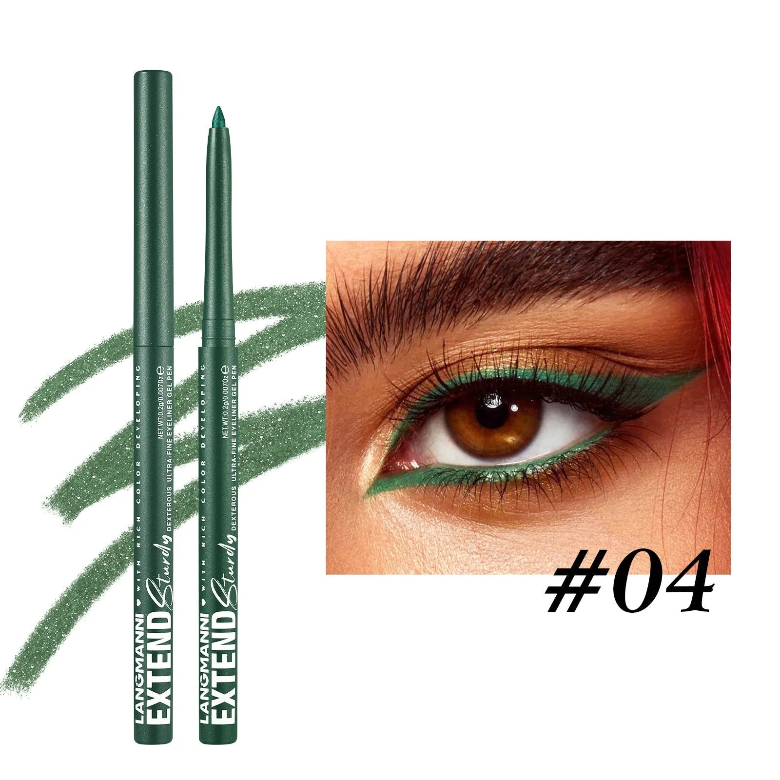 Set of 12 colourful gel glitter eyeliner pencils arranged showing metallic, matte, and glitter finishes.