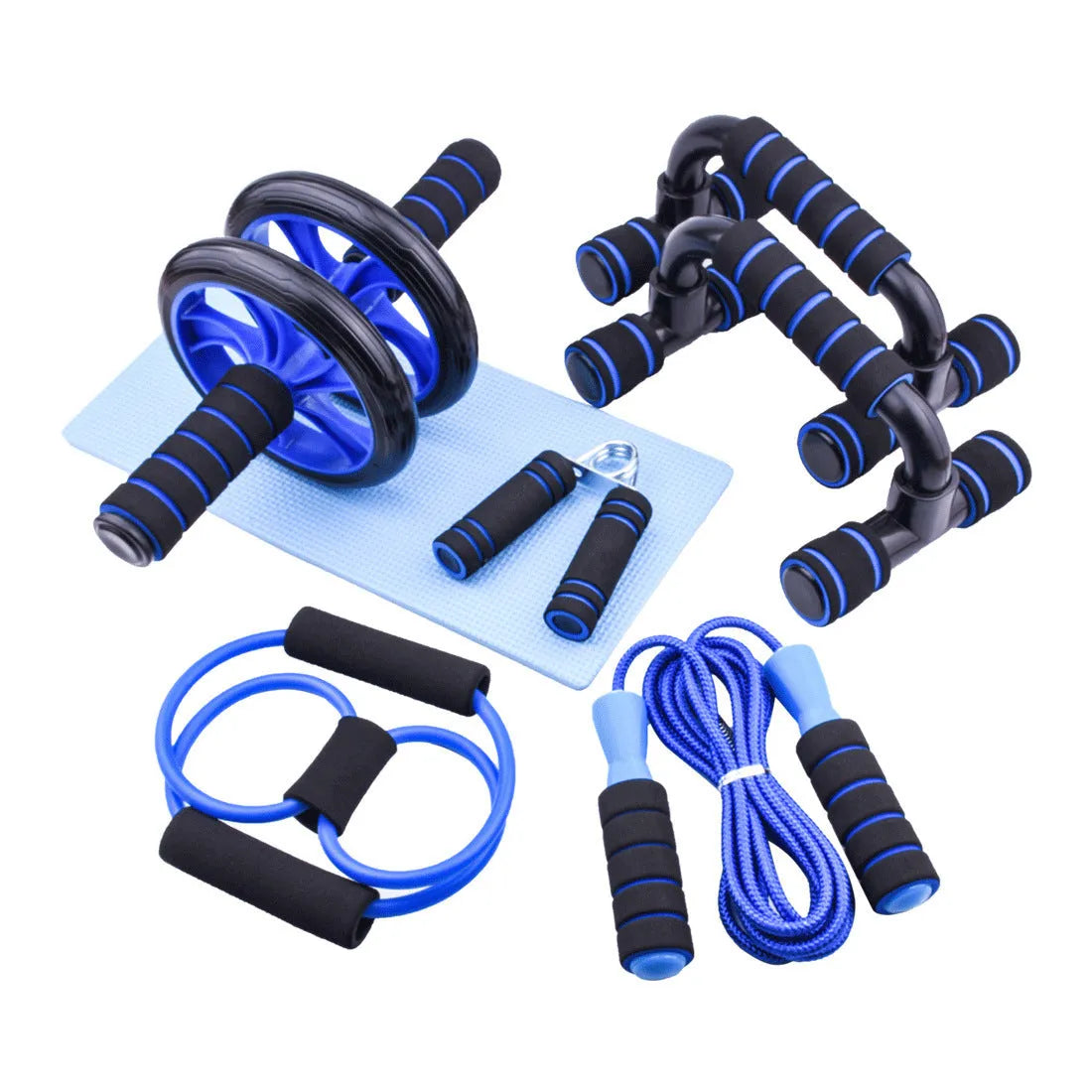 Red push-up bracket with abdominal wheel for indoor fitness training and core exercises.