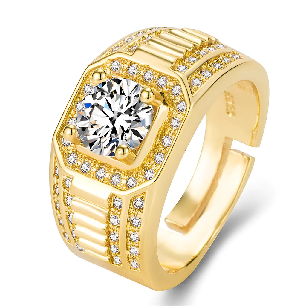 Men's copper ring with large square diamond setting and adjustable opening in gold finish