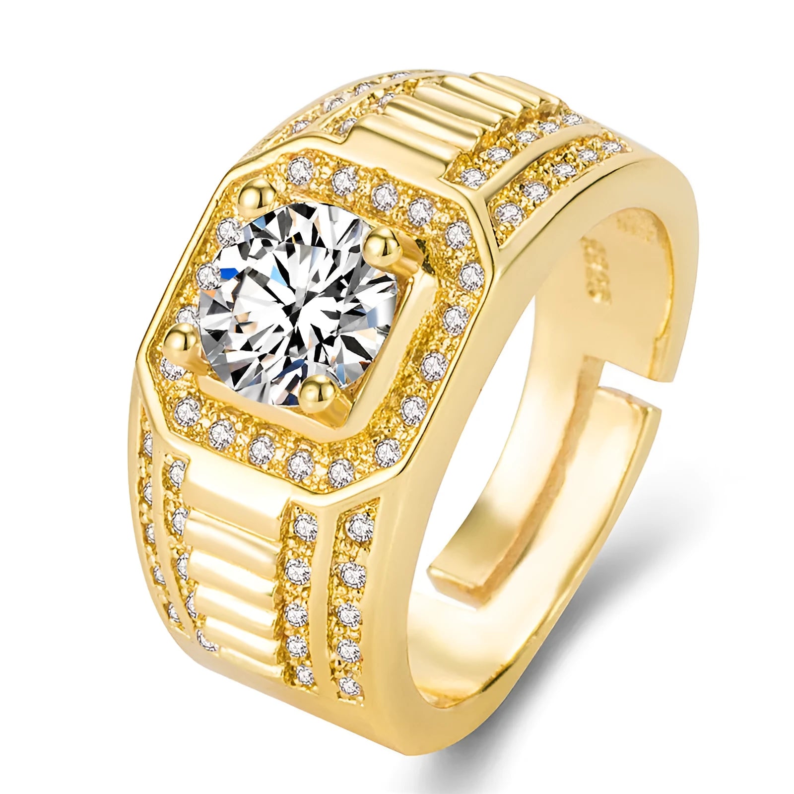 Men's copper ring with large square diamond setting and adjustable opening in gold finish