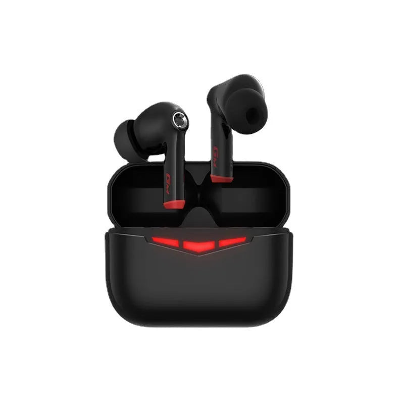 True wireless black in-ear gaming headphones with a white charging case and spare ear tips