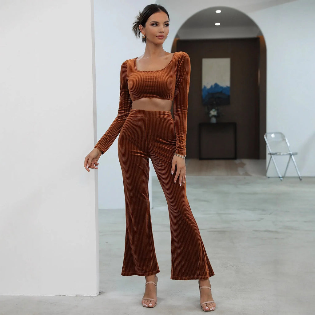 Caramel coloured long sleeve sweater casual set with matching top and trousers on hanger