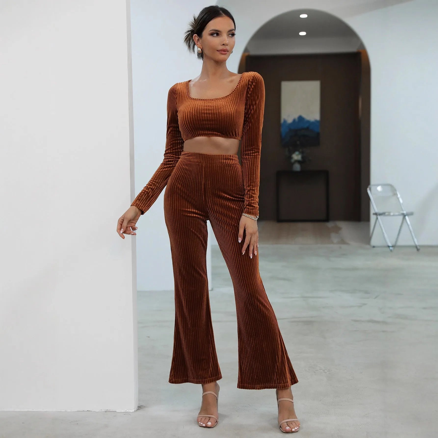 Caramel coloured long sleeve sweater casual set with matching top and trousers on hanger