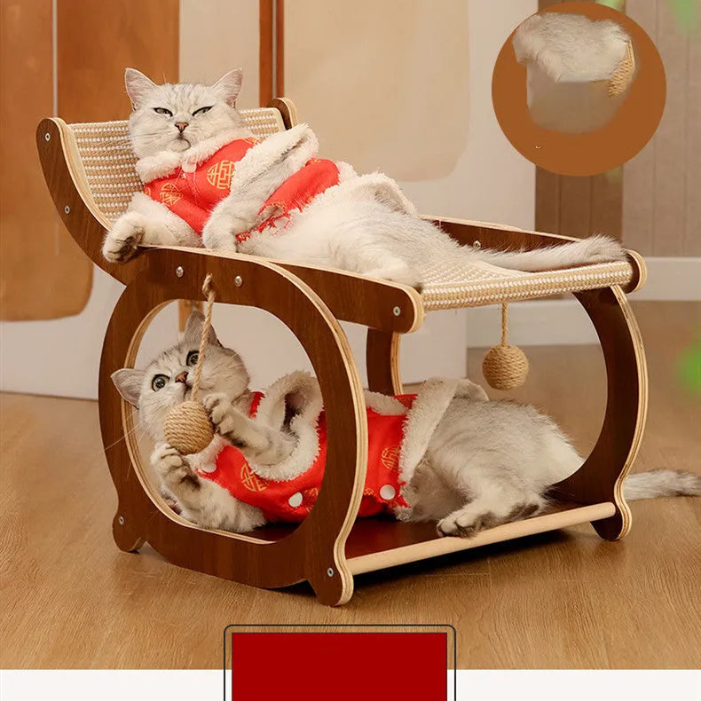 Solid wood sisal cat scratcher bed in walnut colour with scratch-resistant surface serving as multifunctional cat furniture