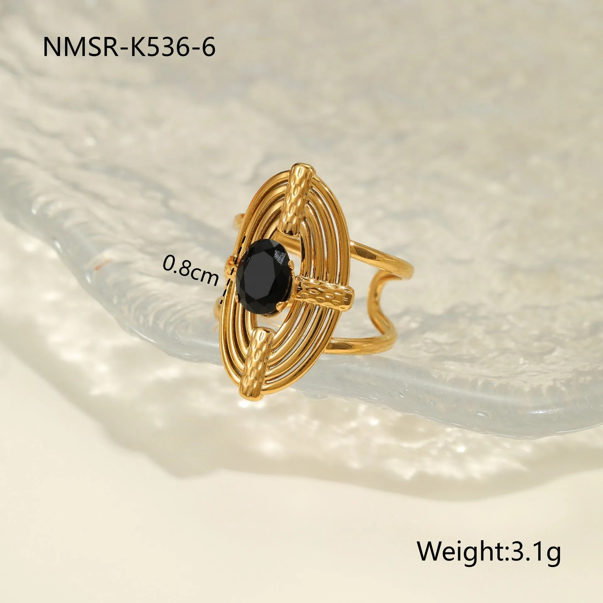 Geometric open mouth titanium steel ring for women on a plain background.